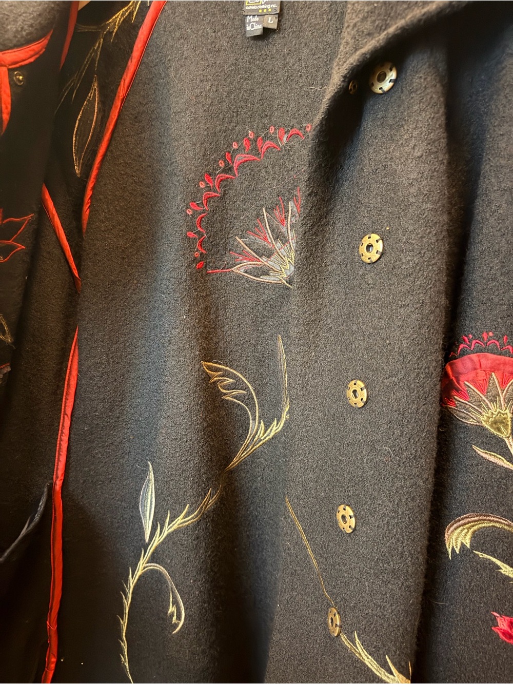 Gorgeous Statement Floral Embroidered Covelo Art Wear Black Wool Coat 🌹 Sz L - Picture 9 of 16